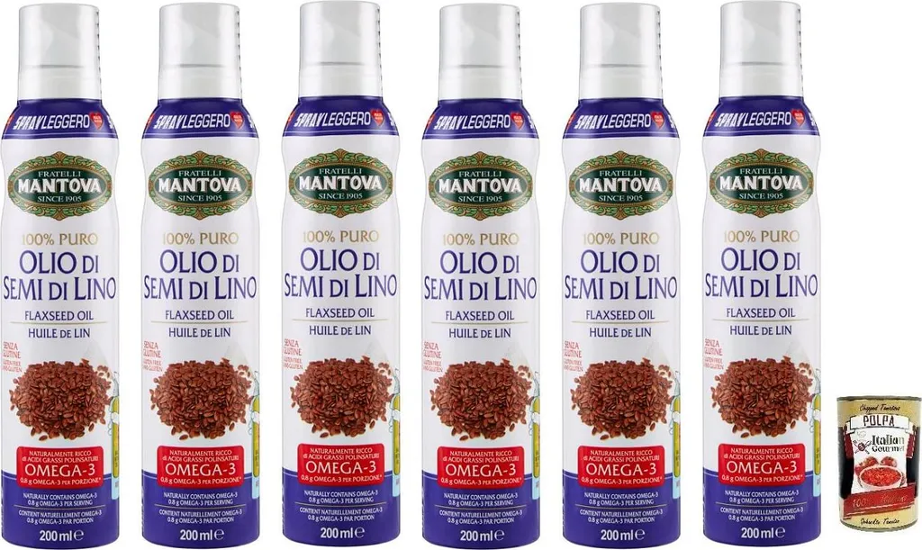 6x Fratelli Mantova Olio Spray Semi di Lino linseed oil, linseed oil spray, rich in Omega 3, gluten-free 200ml + Italian Gourmet Polpa di Pomodoro 400g can 1600 ml