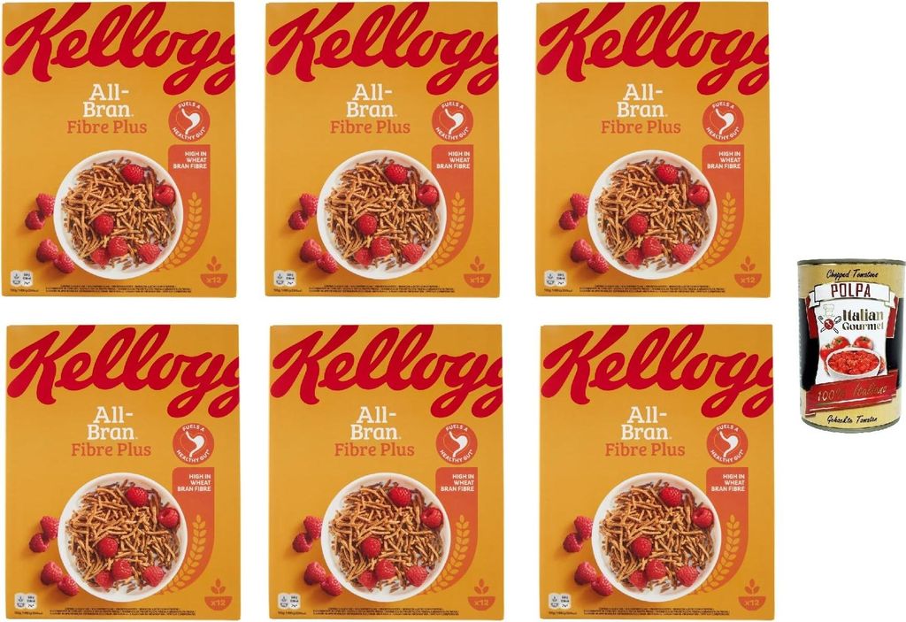 6x Kellogg's All-Bran Fibre Plus Mixed Cereal, Full Wheat Fiber 500g Grain Muesli rich in fiber + Italian Gourmet Polpa 400g