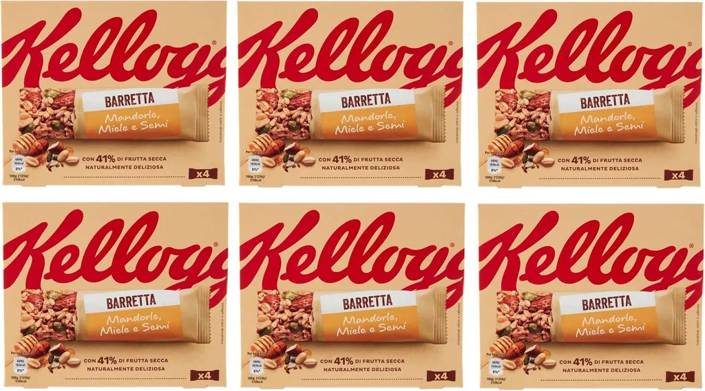 6x Kellogg's Barretta Mandorle Miele e Semi Peanut, Almond, Seed and Oat Bars with Honey (4 x 32g) 128g