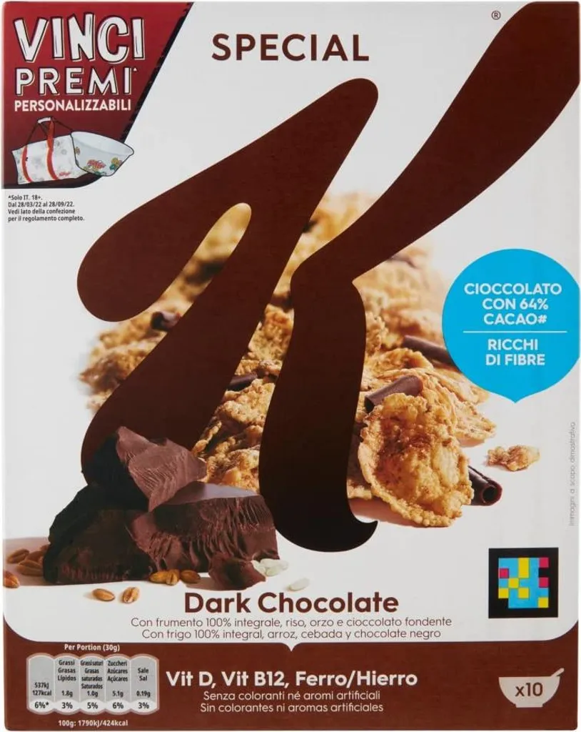 6x Kellogg's Special K Dark Chocolate Rice Flakes, Dark Chocolate Rice Flakes, Whole Grain Wheat and Barley with Vitamins and Minerals, with Chocolate Curls, 290g Cereal Flakes 1740g