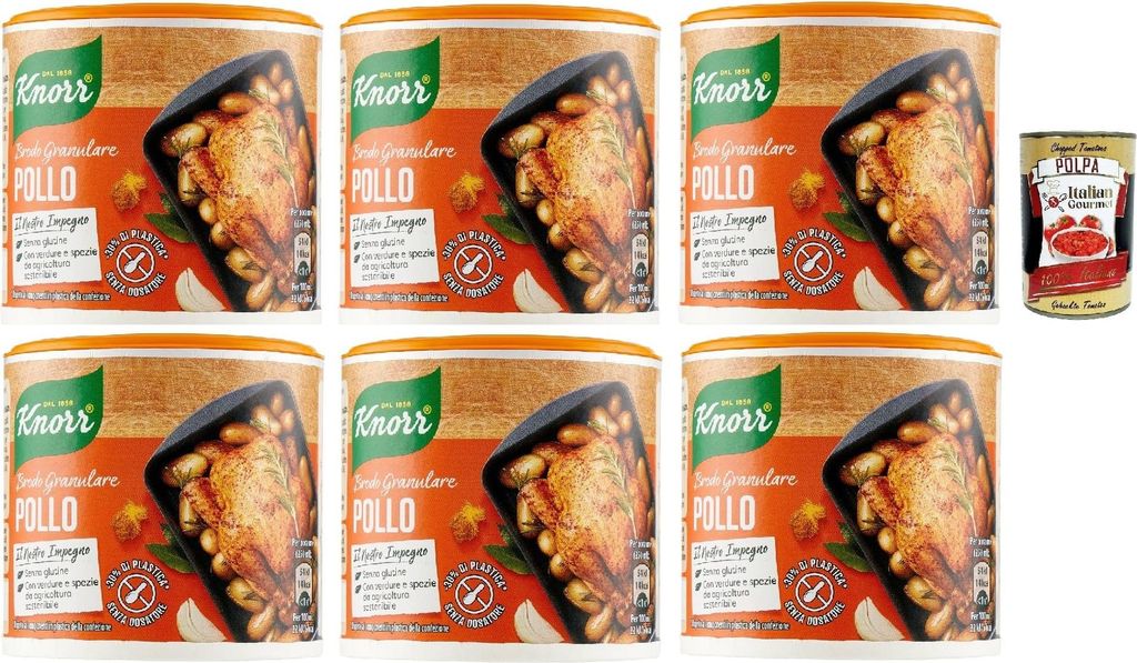Italian Gourmet E.R. 6x Knorr Brodo Granulare Pollo granulated chicken broth 150g, sustainable vegetable broth, gluten-free, lactose-free and preservative-free, for soups and grilled meat + Italian Gourmet polpa 400g