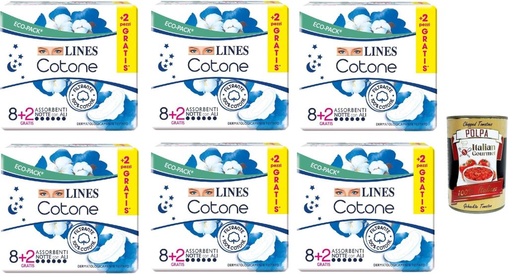 6x Lines Cotone Assorbenti Notte 8+2, Night Pads, Cotton, 100% Pure Cotton + Italian Gourmet Polpa 400g