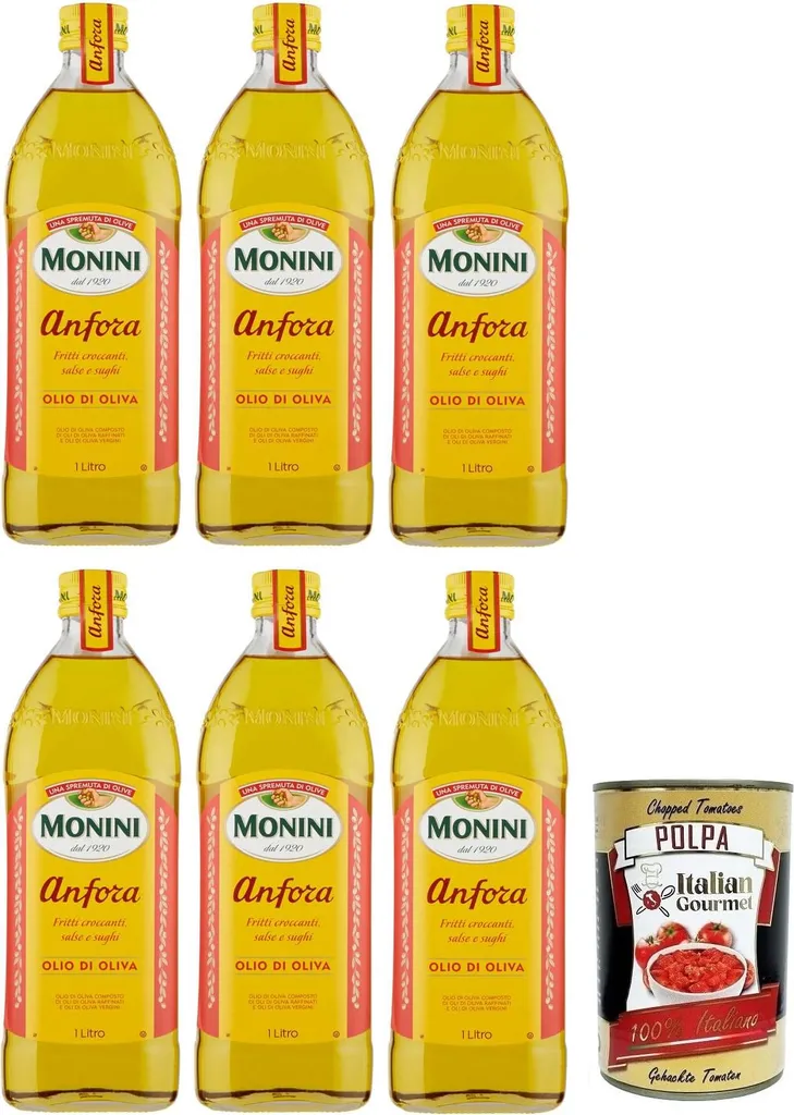 6x Monini Anfora Olive Oil, ideal for crispy fried foods, sauces and gravies, 1L glass jar + Italian Gourmet Tomato Polpa 400g can 6400 ml