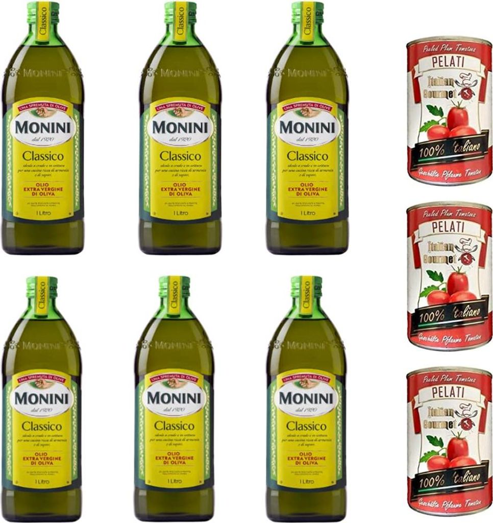 Italian Gourmet E.R. 6x Monini Extra Virgin Olive Oil 1L nativ olio extravergine di oliva Classico + Italian Gourmet 100% Italian peeled tomatoes cans 3x 400g