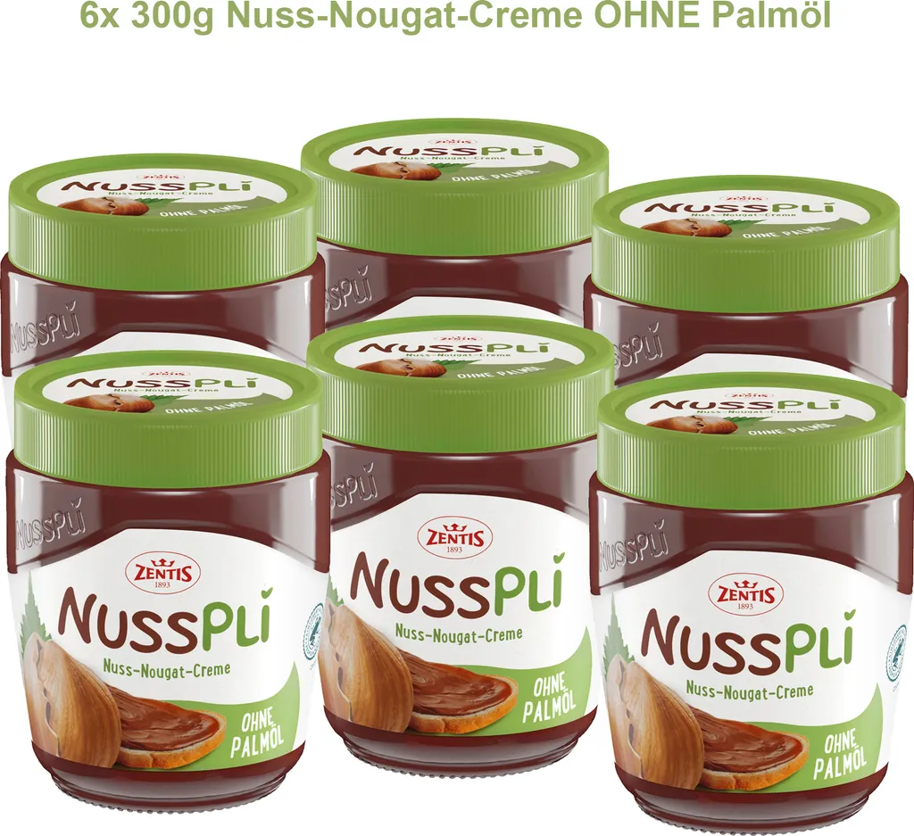 6x Nusspli - WITHOUT palm oil | Nut Nougat Cream | Zentis (300g jar)