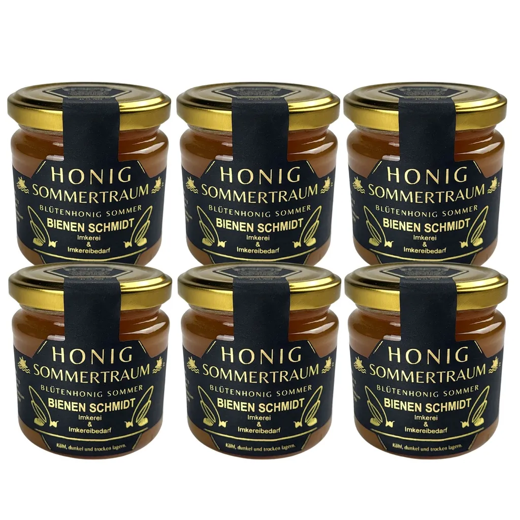 BIENEN SCHMIDT 6x Original German Honey Summer Blossom Honey "Summer Dream" 250g in a glass jar from Upper Franconia (Northern Bavaria) Pure and natural honey