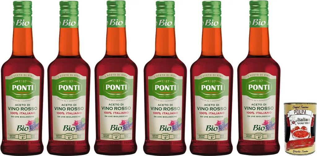 6x Ponti Aceto di Vino Rosso - Red Wine Vinegar, 6% Acidity, Made from 100% Italian Grapes, 500ml Glass + Italian Gourmet Polpa di Pomodoro 400g Can