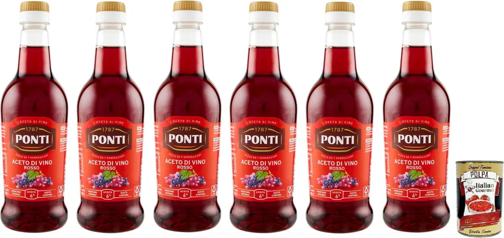 6x Ponti Red Wine Vinegar Red Weinishig Essig Säure 6% PET 500ml + Italian Gourmet Tomato Pulp 400g Dose