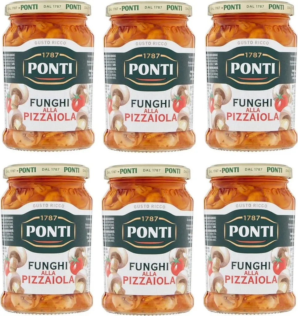 6x Ponti Funghi Prataioli alla Pizzaiola in Olio di Semi di Girasole Pizzaiola mushrooms in sunflower oil 280g jar 1680g