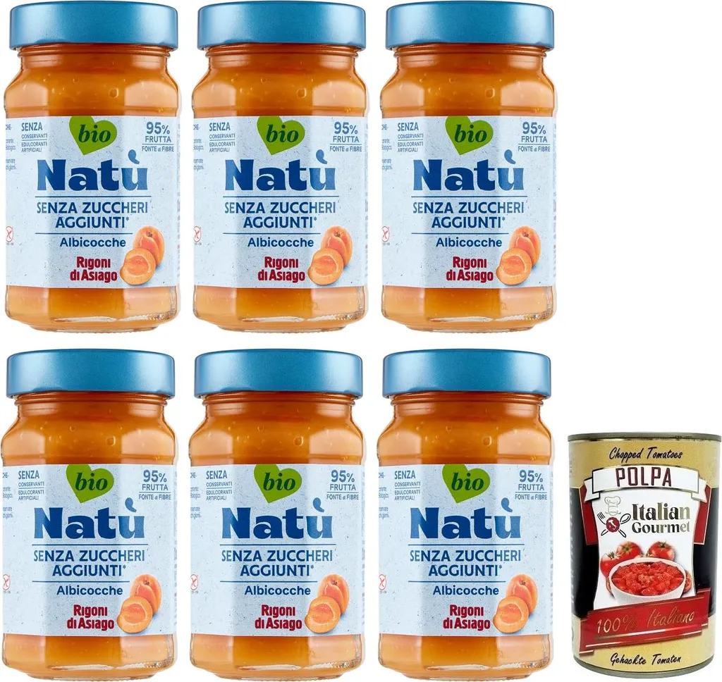 6x Rigoni di Asiago Natù Albicocche - Apricot preparation, apricot jam without added sugar 240g + Italian Gourmet Polpa di Pomodoro 400g can 1840g