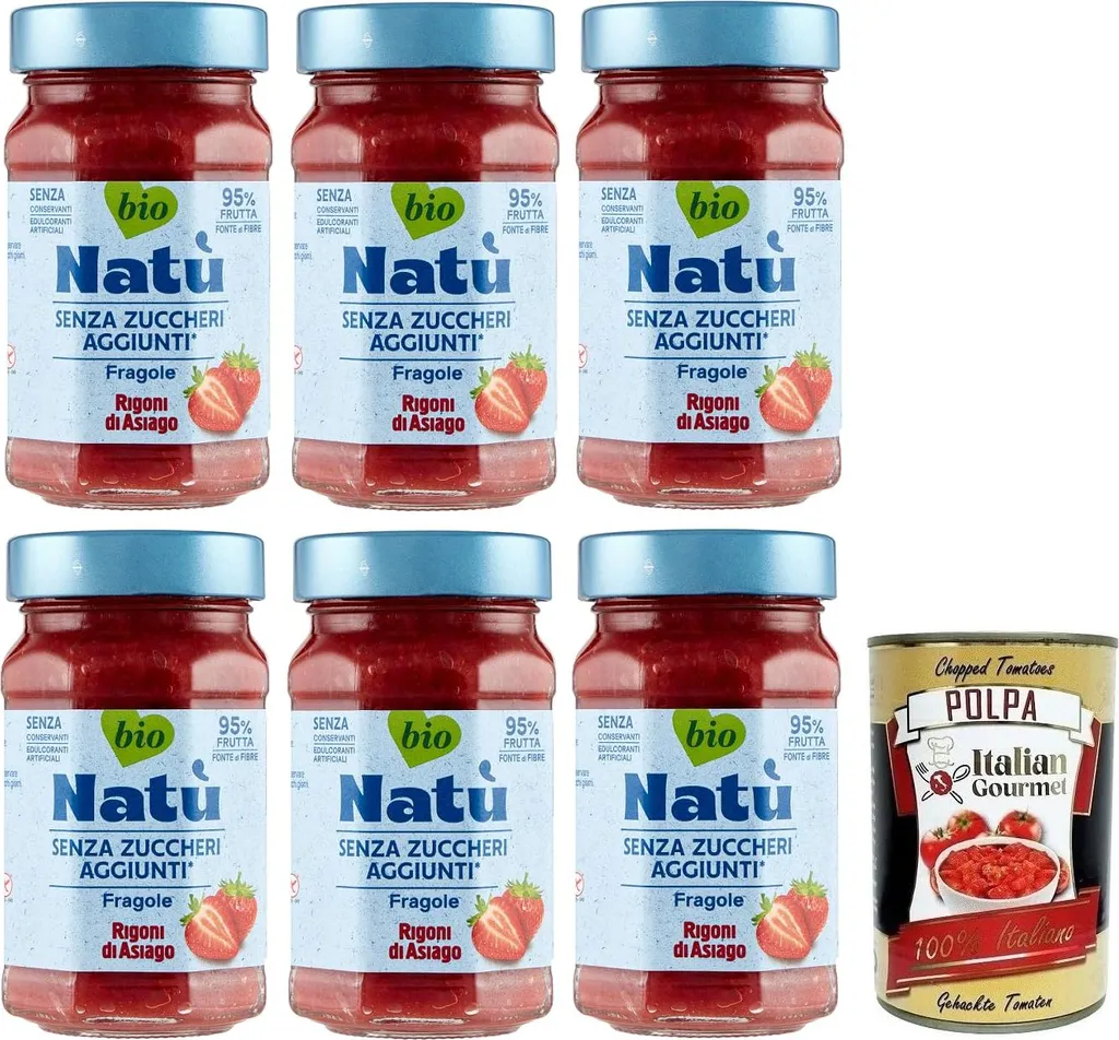 6x Rigoni di Asiago Natù Fragole -Erdbeerzubereitung,Erdbeerkonfitüre Ohne Zuckerzusatz 240g + Italian Gourmet Tomato Pulp 400g Dose