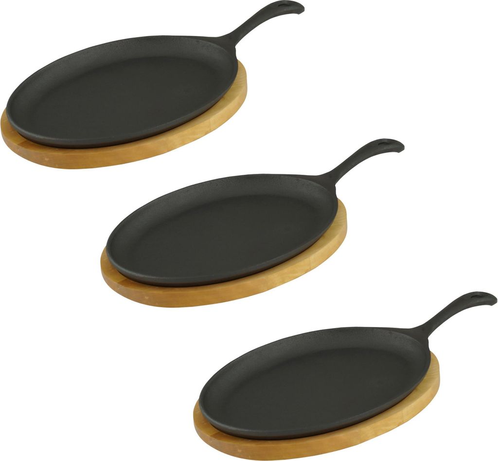 GVKECO 6x serving pan with wooden trivet, oval, 24 x 17 x 2 cm, cast iron