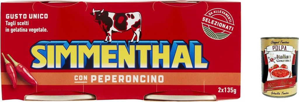 Italian Gourmet E.R. 6x Simmental con Peperoncino Ready meal made from beef in vegetable jelly Canned meat with chili (2 x 135g) + Italian Gourmet polpa 400g