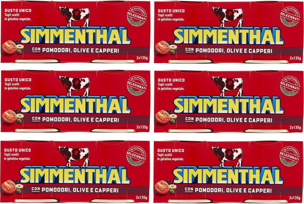6x Simmenthal con Pomodori Olive e Capperi Ready meal made from beef in vegetable jelly Canned meat with tomatoes, olives and capers (2 x 135g) 1620g