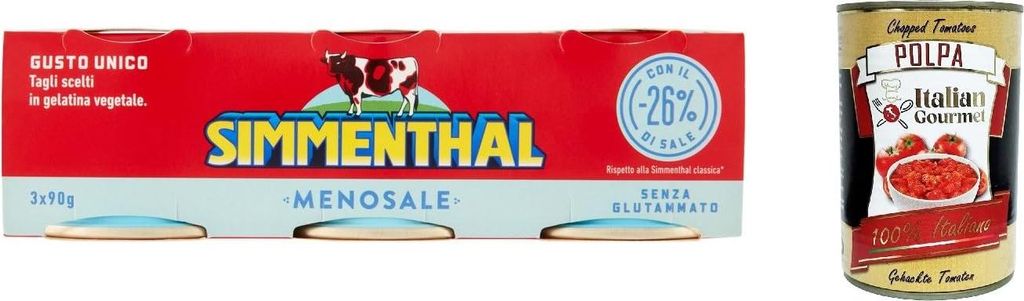 Italian Gourmet E.R. 6x Simmenthal Menosale Delicious Lean Meat in Vegetable Jelly and Honey with 26% Salt (3 x 90g) Canned Beef Ready Meal + Italian Gourmet Polpa 400g