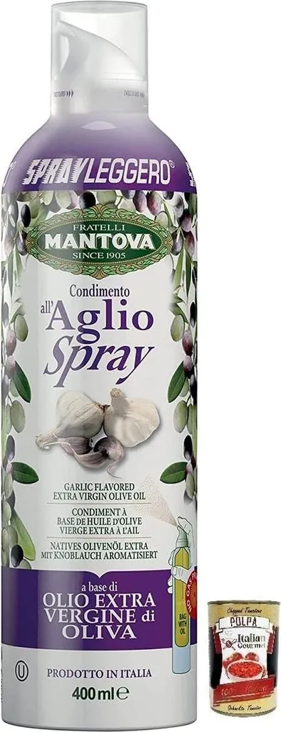 Fratelli Mantova 6x SPRAYLEGGERO Extra Virgin Olive Oil Flavored with Garlic 400 ml - the practical spray bottle allows you to save up to 90% of the oil + Italian Gourmet polpa 400g 2800 ml