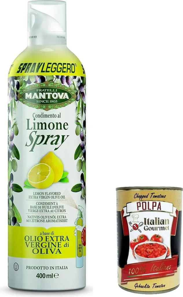 Fratelli Mantova 6x SPRAYLEGGERO Extra Virgin Olive Oil Flavored with Lemon 400 ml - the practical spray bottle allows you to save up to 90% of the oil + Italian gourmet polpa 400g