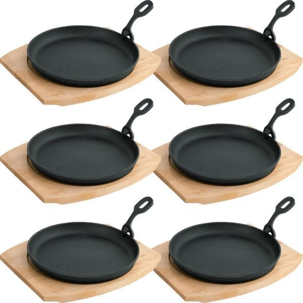 6x WAS Germany serving pan with wooden trivet and removable serving handle Ø 22 cm cast iron