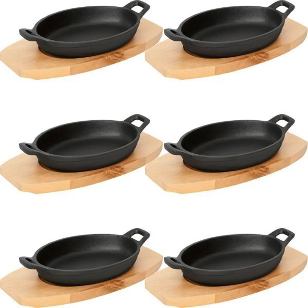 6x WAS Germany serving pan with wooden trivet and side handles 21.5 x 15.5 x 4.5 cm cast iron