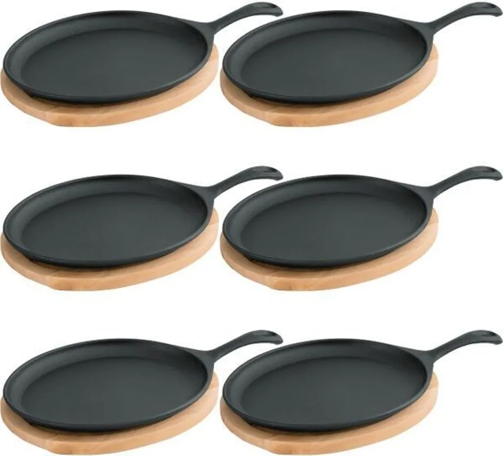 6x WAS Germany serving pan with wooden trivet and serving handle 25 x 18.5 x 2 cm cast iron