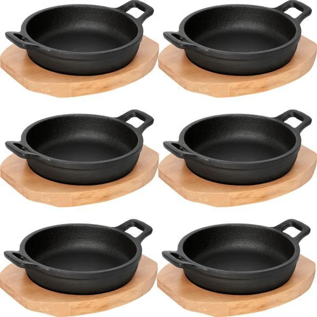 6x WAS Germany serving pan with wooden trivet and two side handles Ø 18 cm cast iron