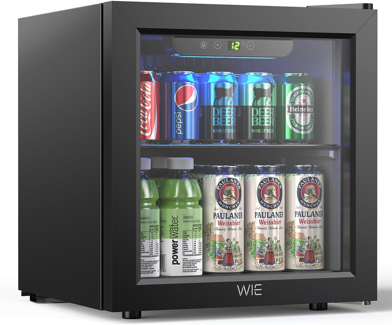WIE Small Refrigerator with Glass Door, Beverage Cooler, 36L Refrigerator for 55 Cans, Refrigerator with LED, Mini Refrigerator with LED for Office, Room, Bar, Low Noise