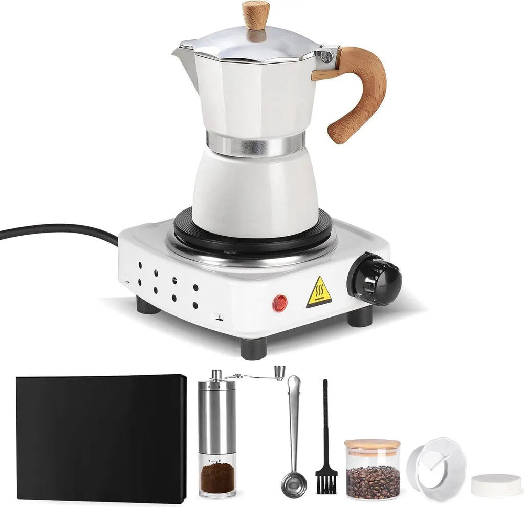 Topchances 7-piece espresso maker set with electric stove, 3 espresso cups (150 ml), with moka pot, electric stove, grinder, measuring spoon, powder dispenser, gift for coffee lovers, white