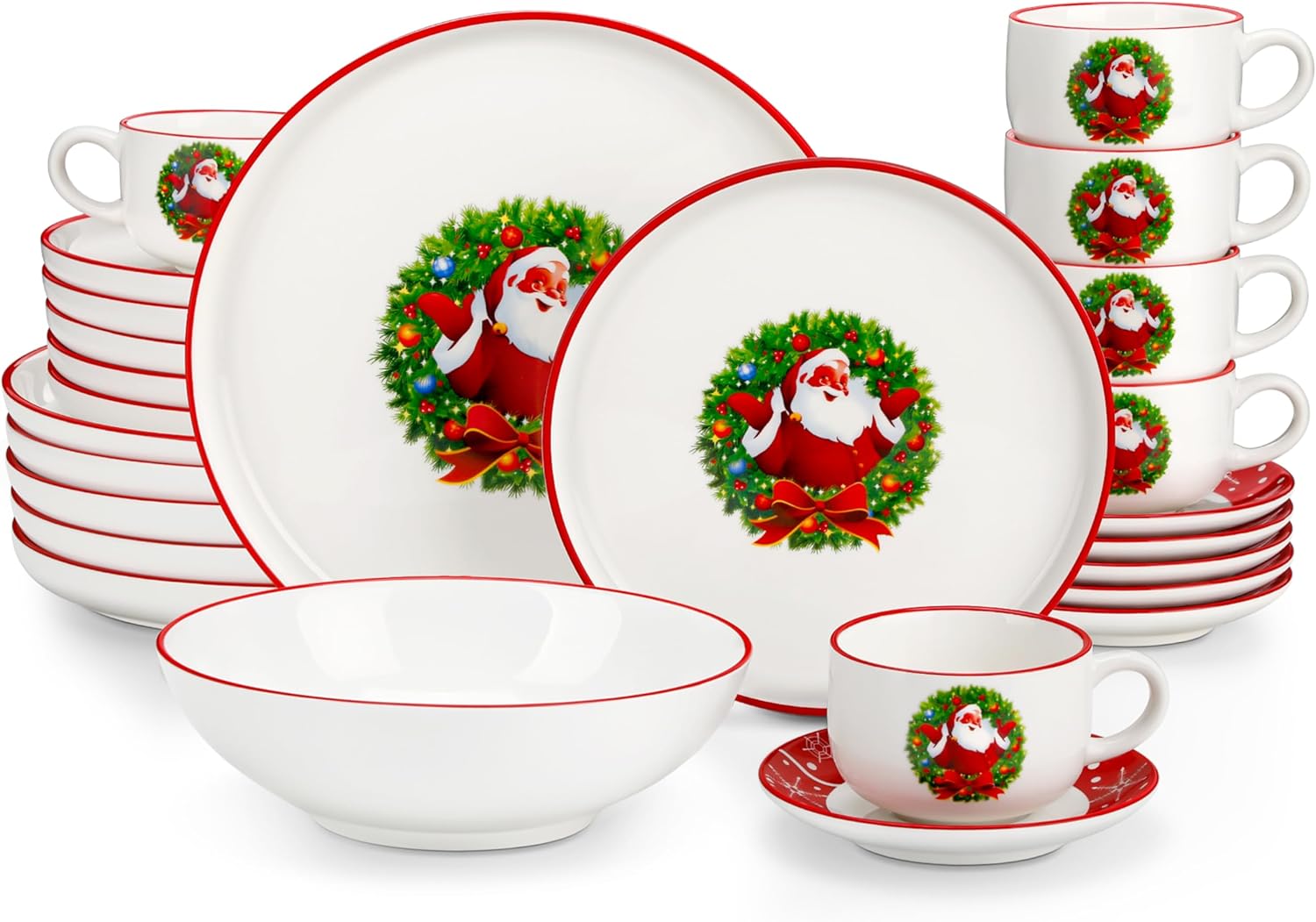 MALACASA 30-Piece Ceramic Christmas Tableware, 6 Dinner Plates, 6 Dessert Plates, 6 Soup Plates, 6 Coffee Cups, 6 Saucers, Santa Claus Design, Perfect for Christmas, Family and Guests