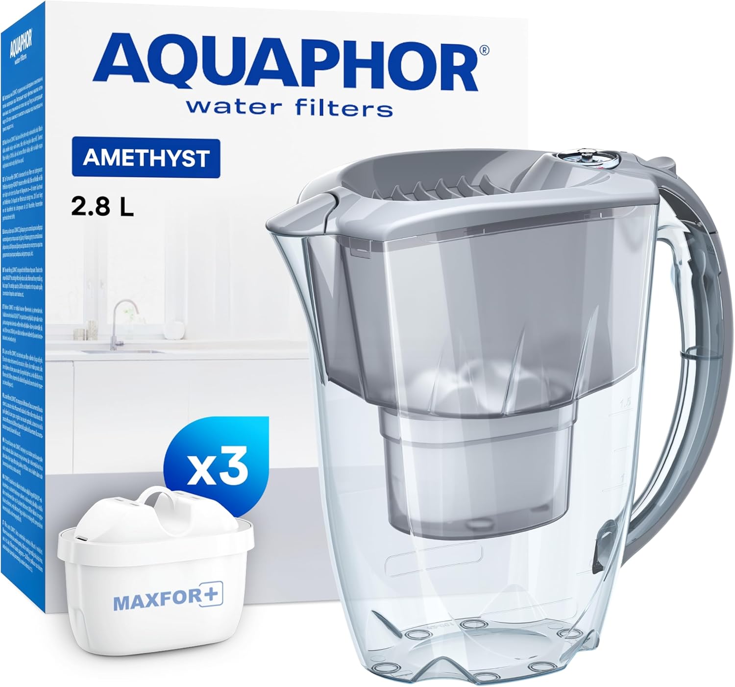 AQUAPHOR Amethyst - 2.8 Liter Slider Water Filter Jug with 3 x Maxfor+ Filter Cartridges - Gray