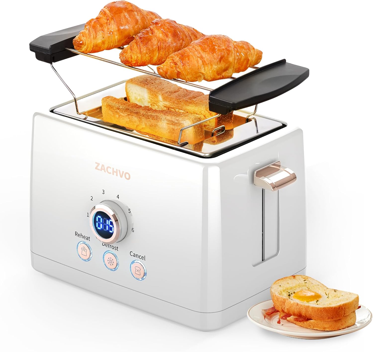 Toaster 2 Slices, ZACHVO Toaster with Bun Attachment, 6 Browning Levels, 850 W Removable Crumb Drawer, LED Screen, High Lift, Warm, Defrost, Cancel Function