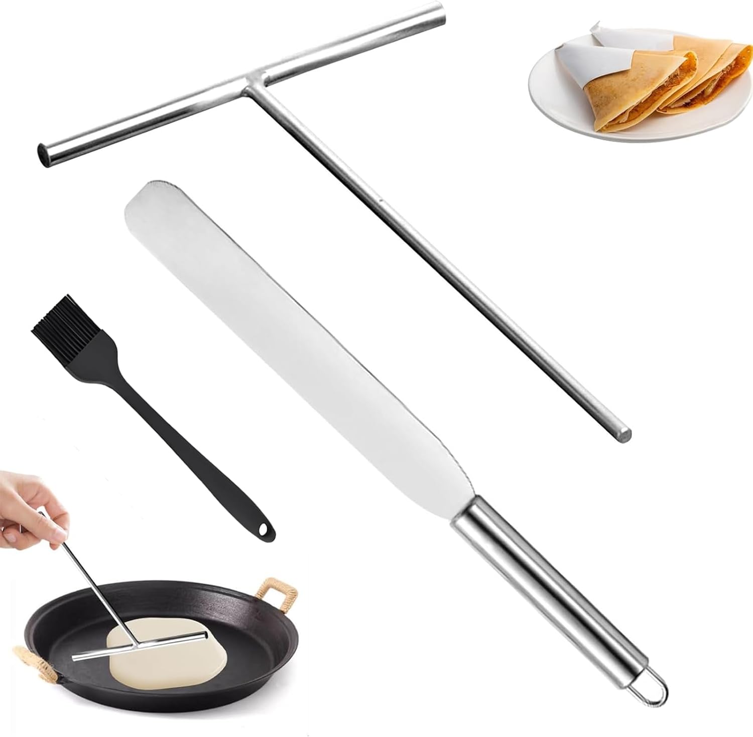 YEWCEP Set of 3 Crepe Distributors, Crepes Distributor and Spatula, Stainless Steel Crepe Turner, Dough Distributor, Crepes Spatula, T-Shape Crepe Maker Accessories for Home, Kitchen, Baking, Cooking, Baking