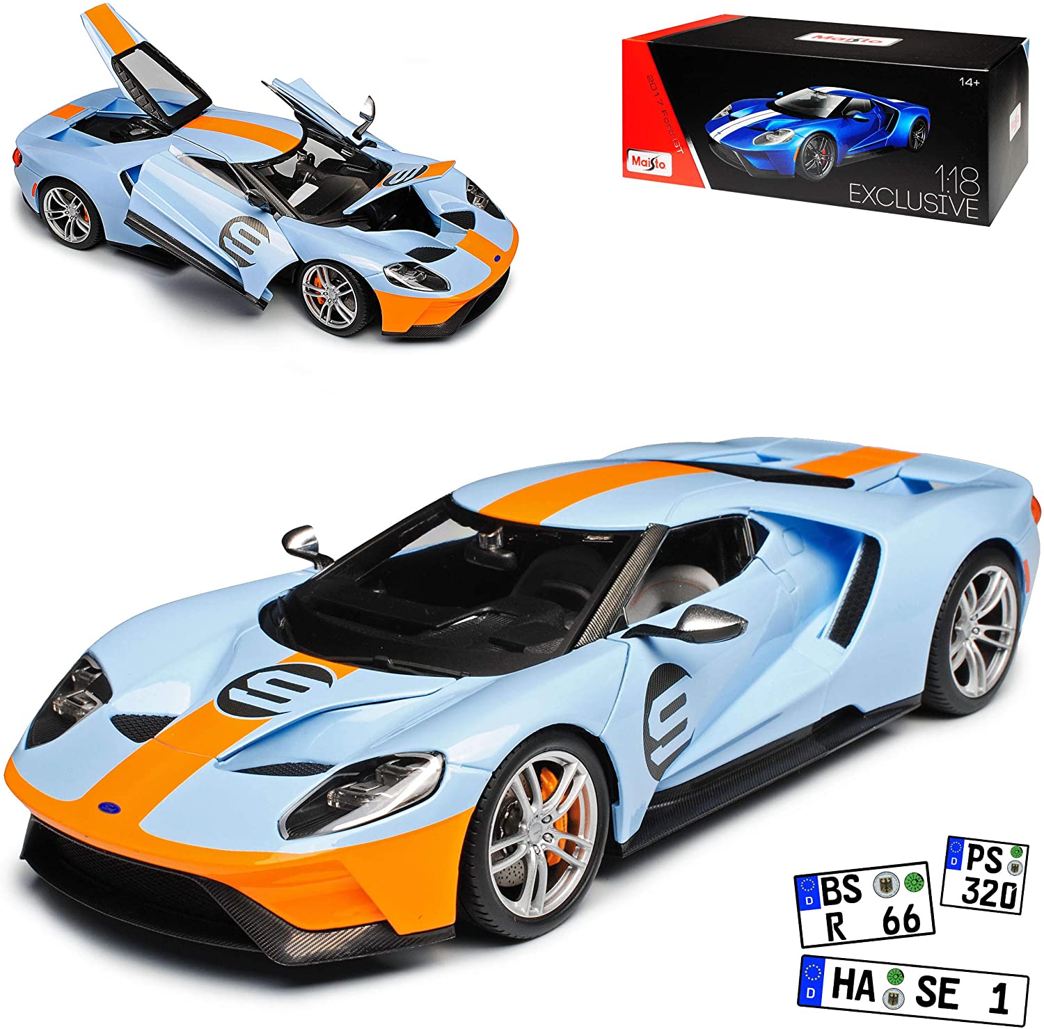 Maisto Ford Ford Gt 2017 Coupe Light Blue With Orange Stripes No. 9 Exclusive Edition 1