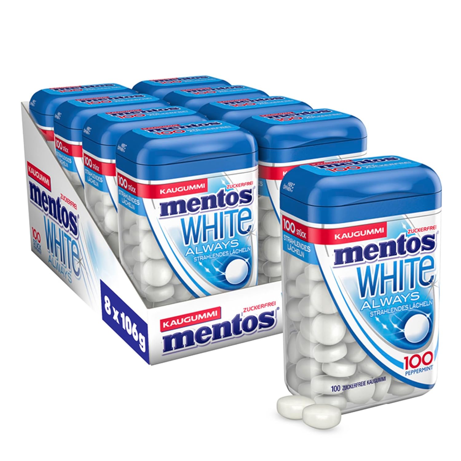 MENTOS Store Mentos Chewing Gum Always White, 8 XL Tins Sugar Free Chewing Gum Dragees of 100 with Peppermint Flavor for Radiant Smiles (8 x 100 Pack)