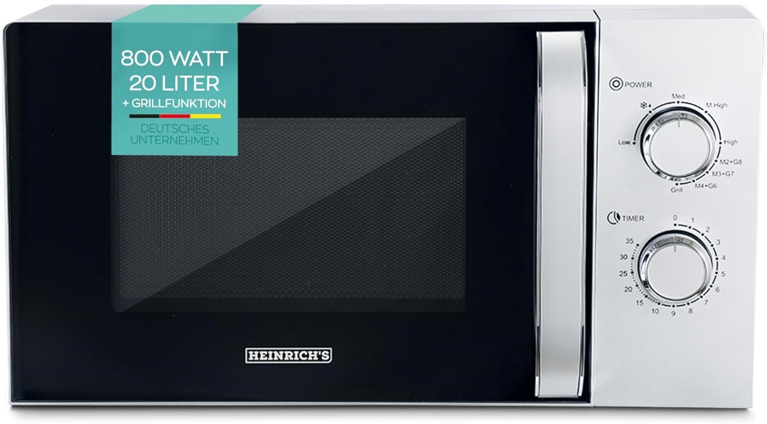 Heinrich\'s Microwave, Compact Microwave, 20 L Volume, 9 Power Levels, Includes 35 Min. Timer, Defrost Function, Interior Lighting, 360° Turntable with Grill Function, 800 W Power, Silver)