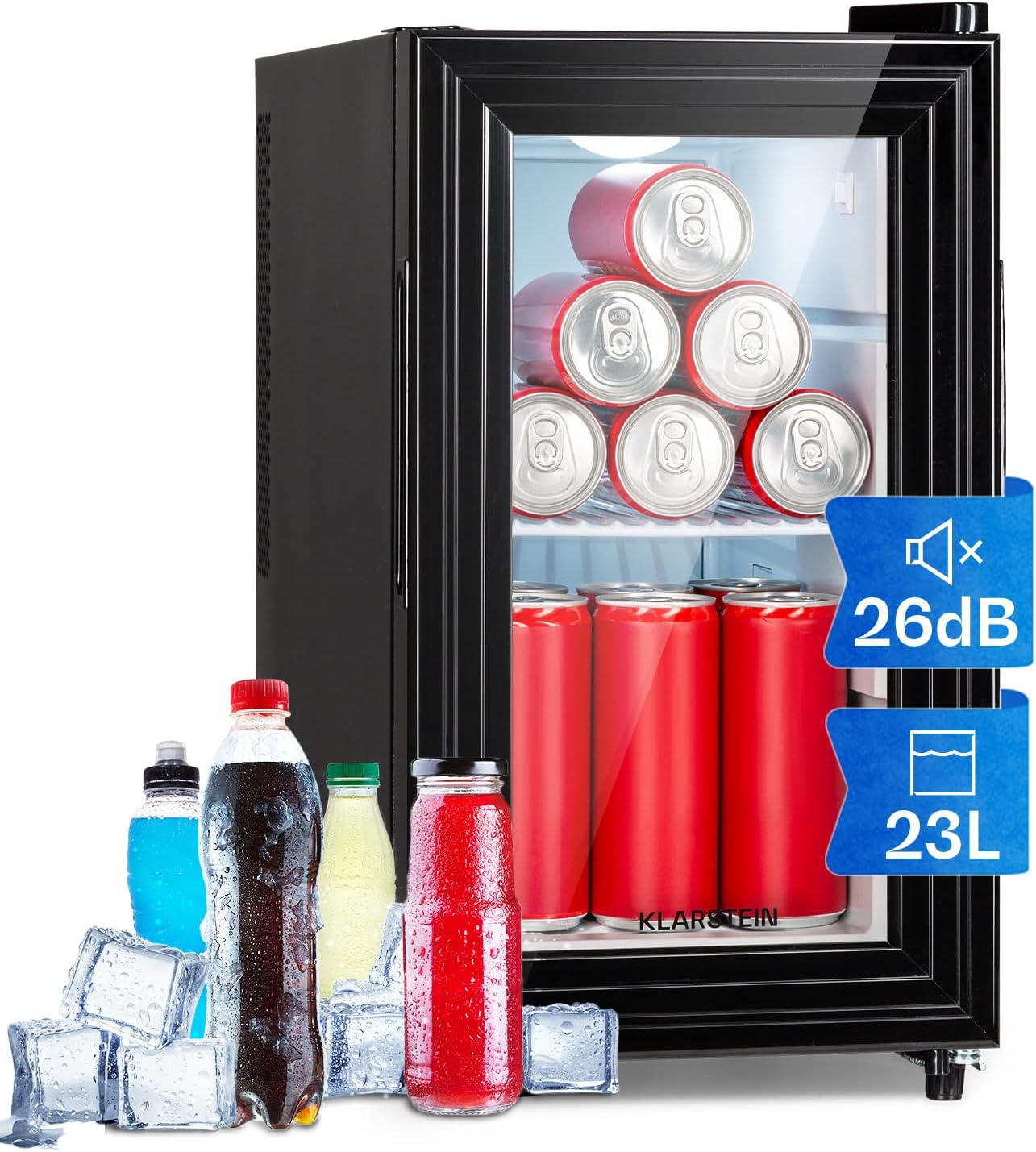 Klarstein Mini Fridge for Room, 23 Litres - Drinks, Snacks & Cosmetics, Mini Bar, & Quiet, Adjustable Shelves, Small Skincare Fridge