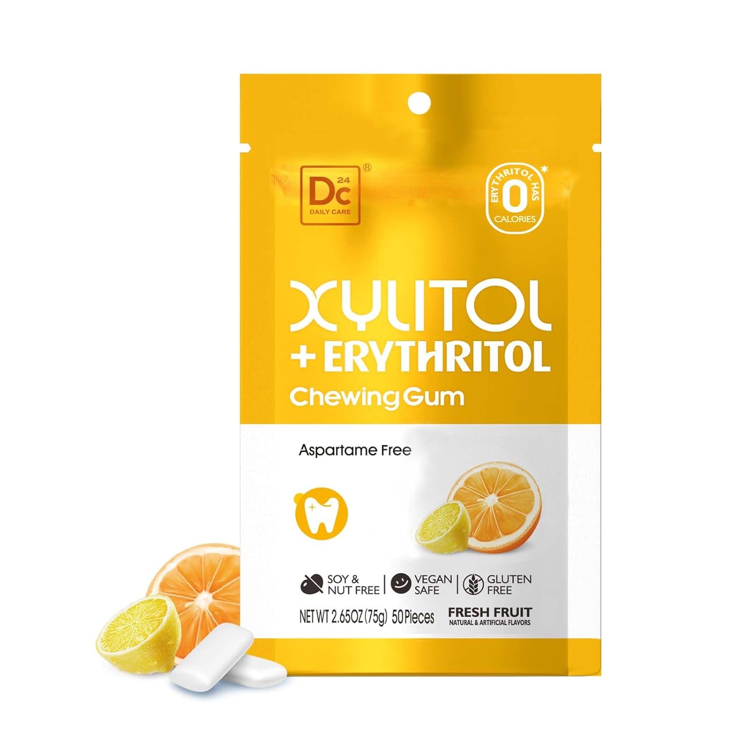 DC24 DAILY CARE Store DC24 DAILY CARE Xylitol Chewing Gum with Erythritol, Vegan, Aspartame Free, Gluten Free & Diabetic Friendly, Sugar-Free Chewing Gum with Fresh Fruit Flavor, Pack of 50 (Pack of 1)