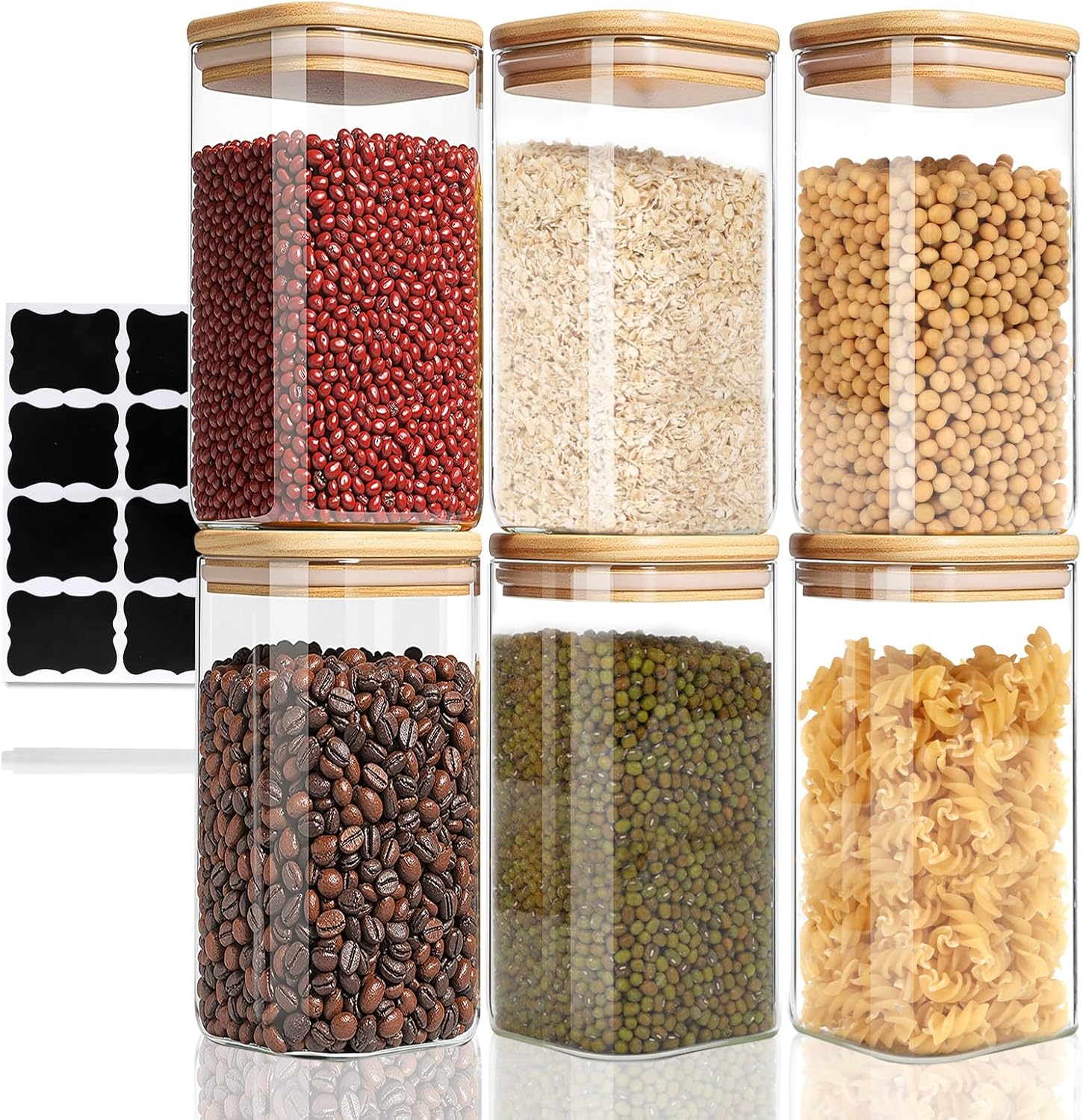 750 ml Glass Storage Jars Set of 6 Storage Jars with Lid Square Storage Jar with Wooden Lid Airtight Storage Container Set Glass Storage Jars Kitchen for Spices, Nuts, Grains