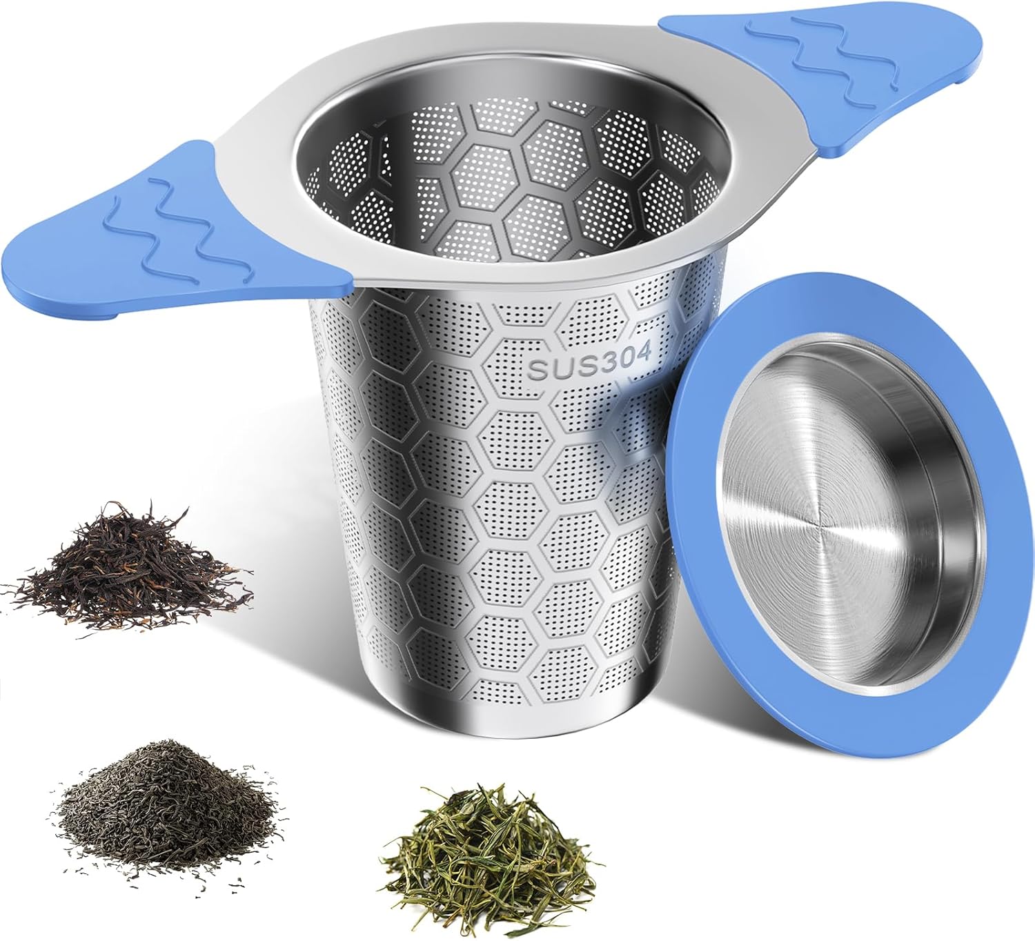 Tea strainer for loose tea with lid, wide handle with heat-resistant silicone, 304 stainless steel tea strainer for teapots/cups, blue