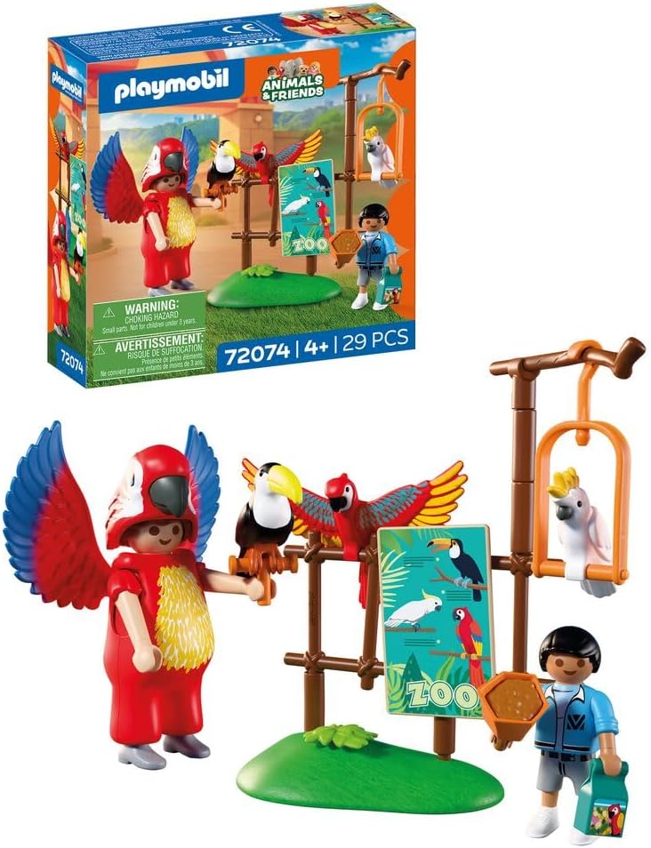 PLAYMOBIL Animals & Friends Zoo Mascot Man with Parrot Costume and 3 Tropical Birds Children\'s Toy from 4 Years 72074