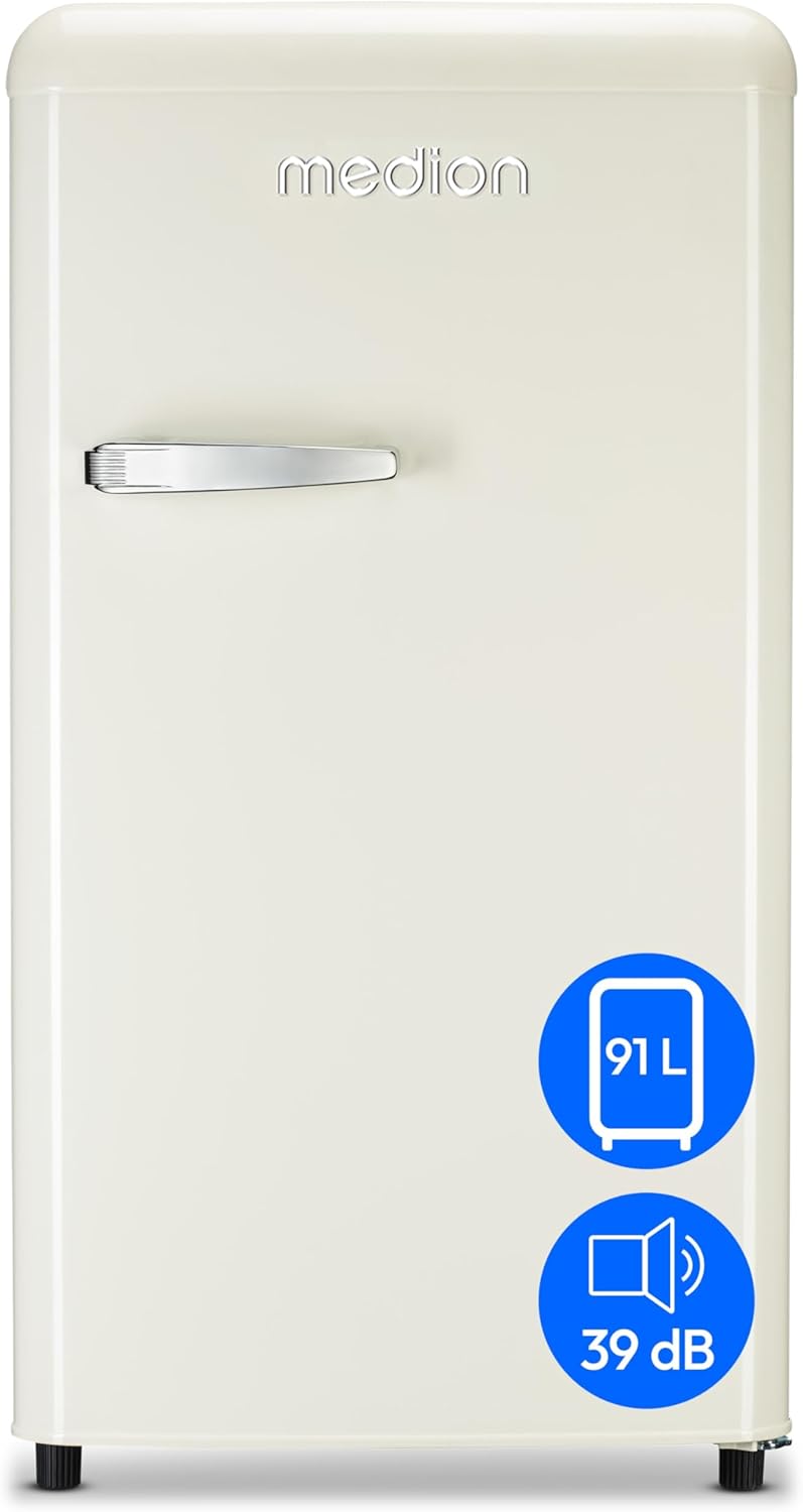 MEDION MD37800 Retro Fridge (91 Liters, 91 cm Height (Height-Adjustable Feet), Height-Adjustable Glass Shelves, Transparent Vegetable Drawer, Freestanding, Door Hinge Right, Metal Door Handle, Cream