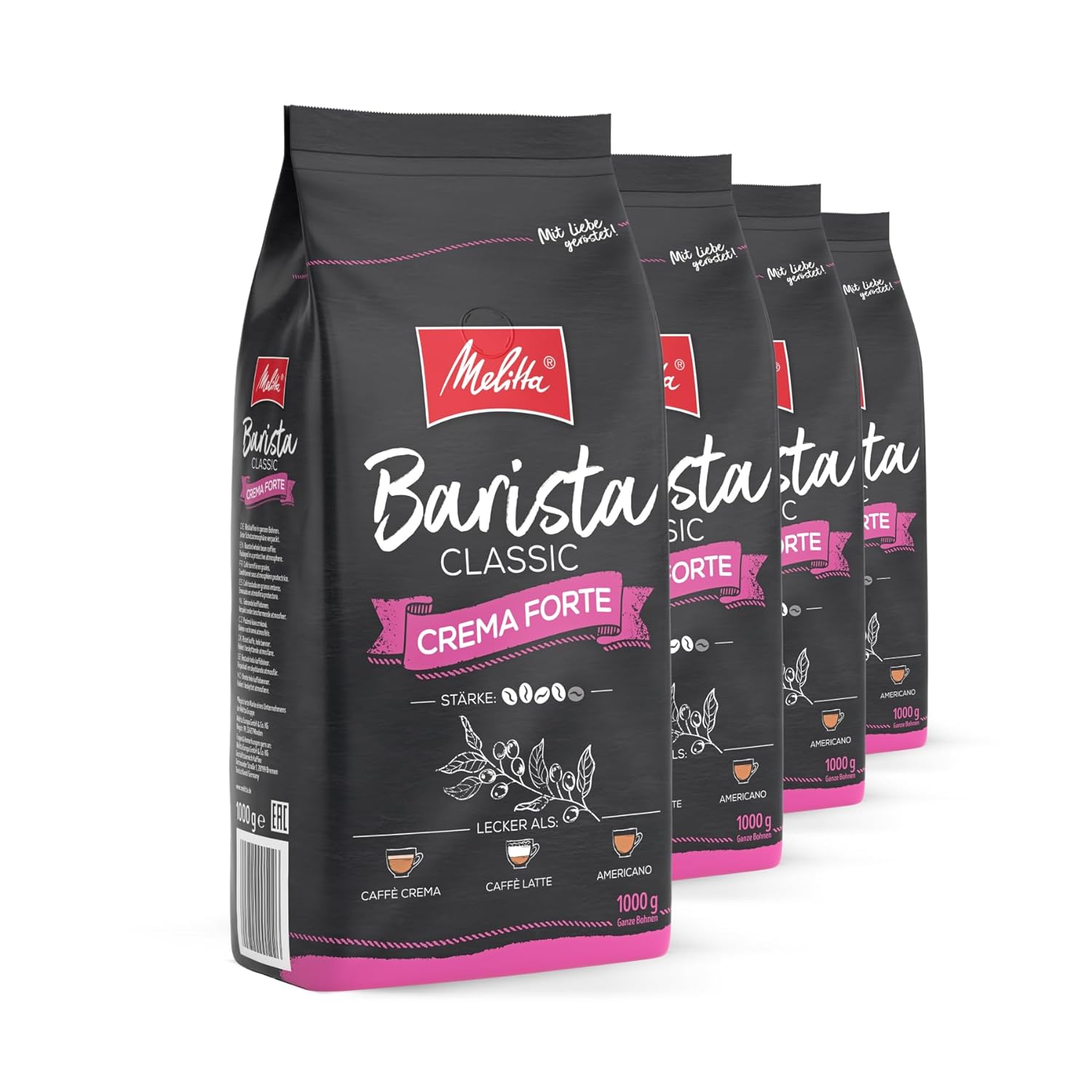 Melitta Barista Classic Crema Forte, Whole Coffee Beans 4 x 1 kg, Unground, Coffee Beans for Fully Automatic Coffee Machine, Strong Roast, Strength 4, in Tray