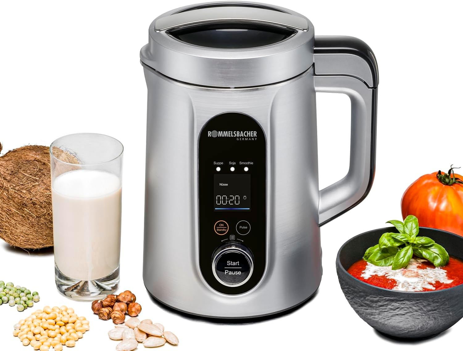 ROMMELSBACHER Veggie Drink & Soup Maker SVD 1400 - Cooking, Chopping, Purée, 9 Programs, Cleaning Program, Stainless Steel Inner Container, Capacity 1.3 L, Purée Bell, Serrated Knife