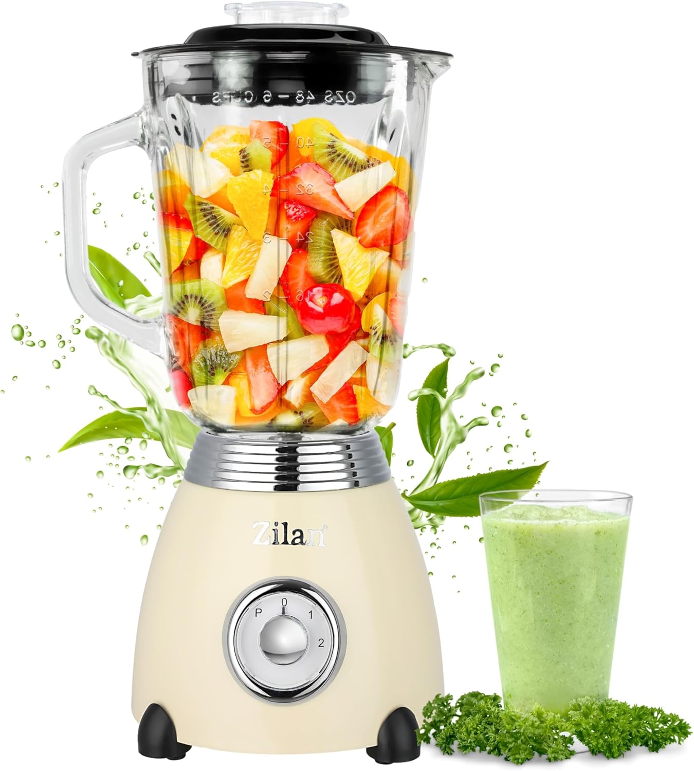 Zilan Stand Mixer Retro with 1.5 L Glass Container, Chopper, Smoothie Maker, Mixer, Stainless Steel Blade, 2 Speeds & Pulse Function, Stainless Steel Housing, Powerful Mixer in Vintage Design