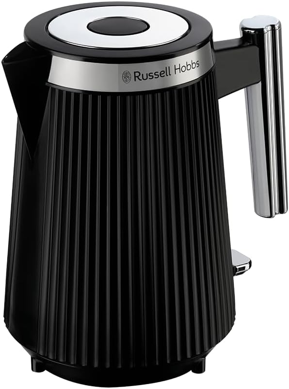 Russell Hobbs Store Russell Hobbs Brontë Black 26750-70 Kettle [1.7 L, 2400 W] (Matte Design, Silver Accents, Spout, Water Level Indicator, Removable Limescale Filter, Lighting, Lid Opening at the Touch of a Button)