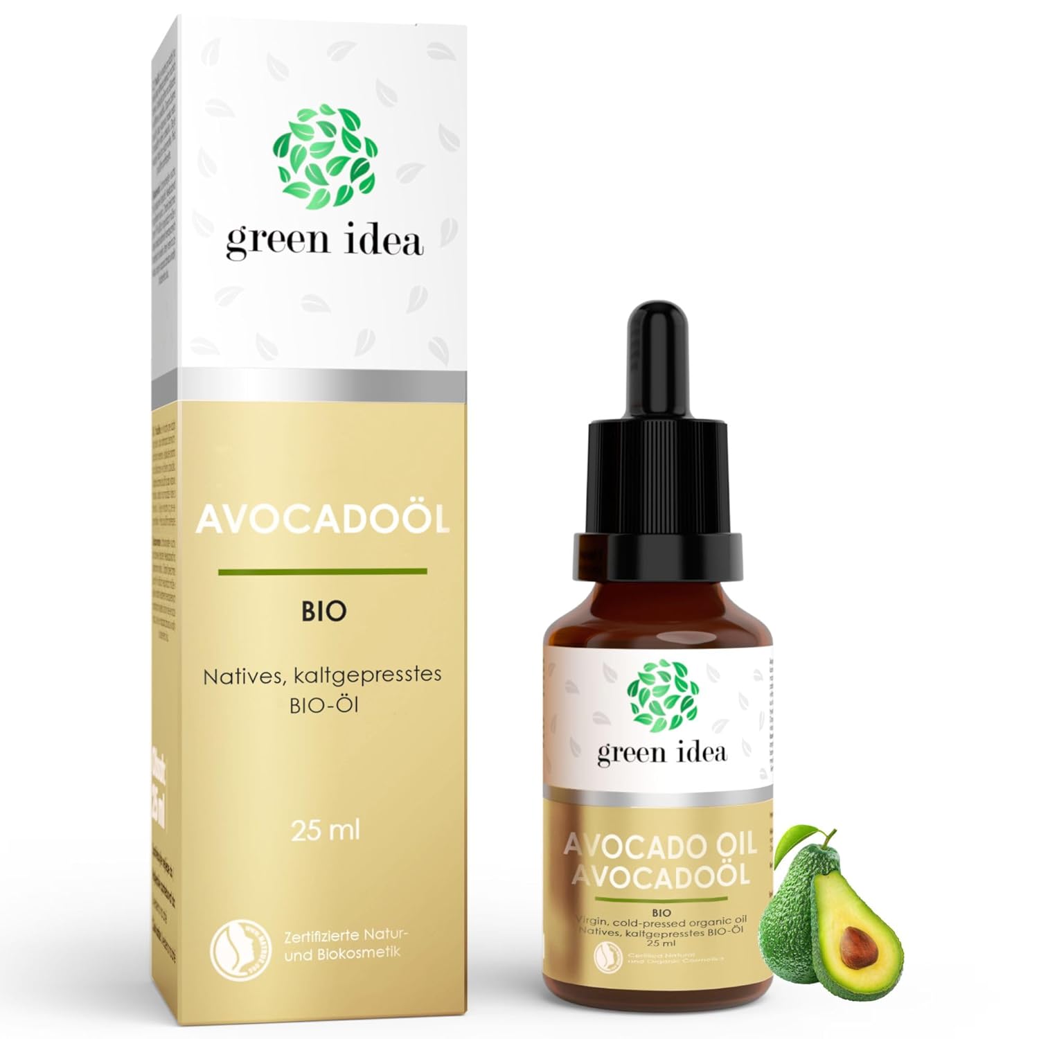 Green idea - Organic Avocado Oil Cold Pressed Face Oil for Skin, Hair and Face Glass Bottle with Pipette Natrue Certificate - Face Care Eye Care Vegan 25 ml