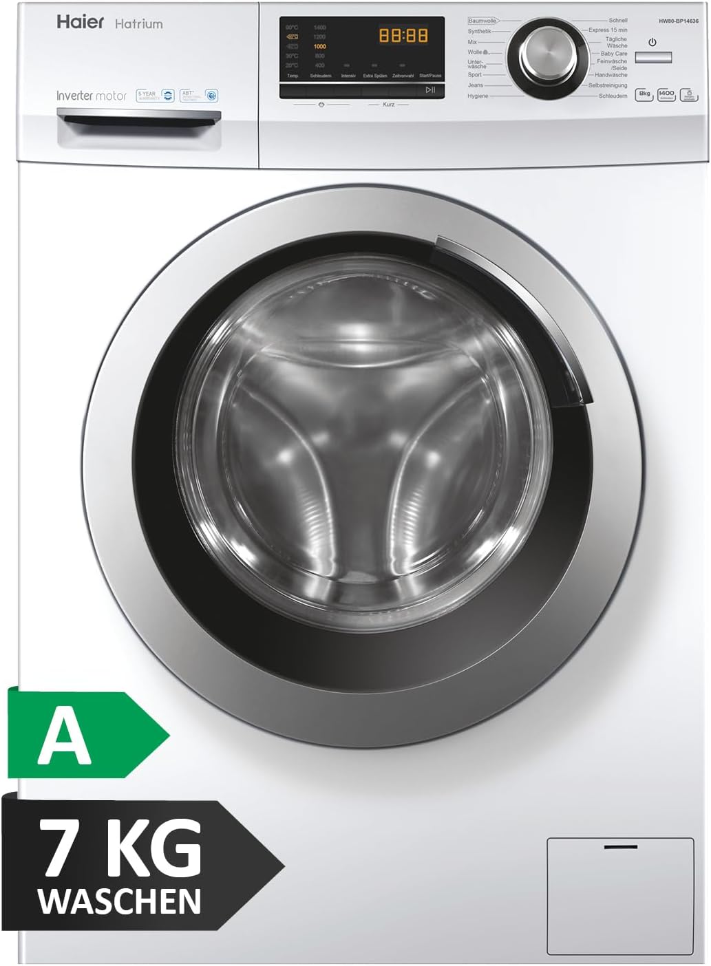Haier Series 636 HW70-BP14636N, Front-Loading Washing Machine, 7 kg, A Efficiency, 1,400 rpm and Economical Inverter Motor, Includes Full Water Protection, Steam Function and Automatic Volume