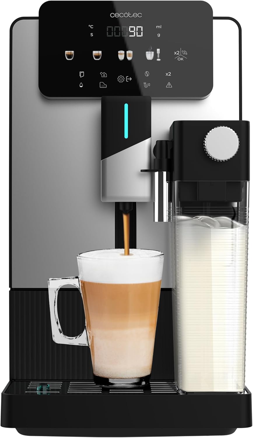 Cecotec Cremmaet Latte Fully Automatic Coffee Machine, 1350 W, 19 Bar, Thermoblock, 6 Drinks, Steam Nozzle, 5 Grinding Levels, Bean Container 150 g, Milk 400 ml and Water 1.1 L, Automatic Cleaning