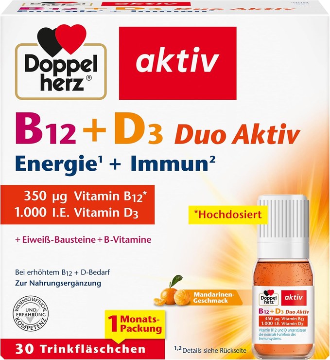 Doppelherz B12 + D3 Duo Active - High Dose with Vitamin B12 + D3 to Support Normal Function of the Immune System - 30 Drinking Bottles, Liquid