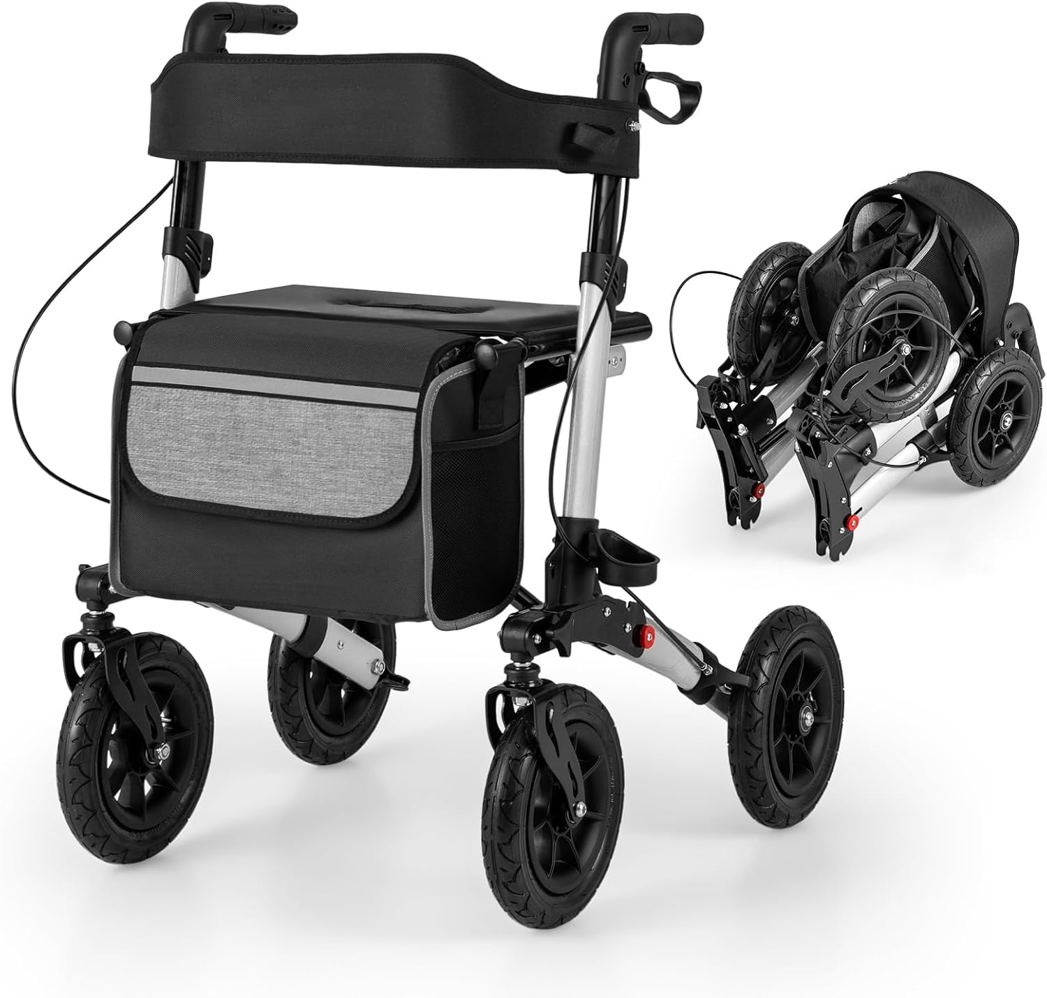 RELAX4LIFE Rollator Foldable and Lightweight with Seat, Aluminum Wheelchair Travel Rollator, Walker 7-Way Height Adjustable, Walking Aid with Stick Holder Bag, Walking Aid with 23 cm Tires for All