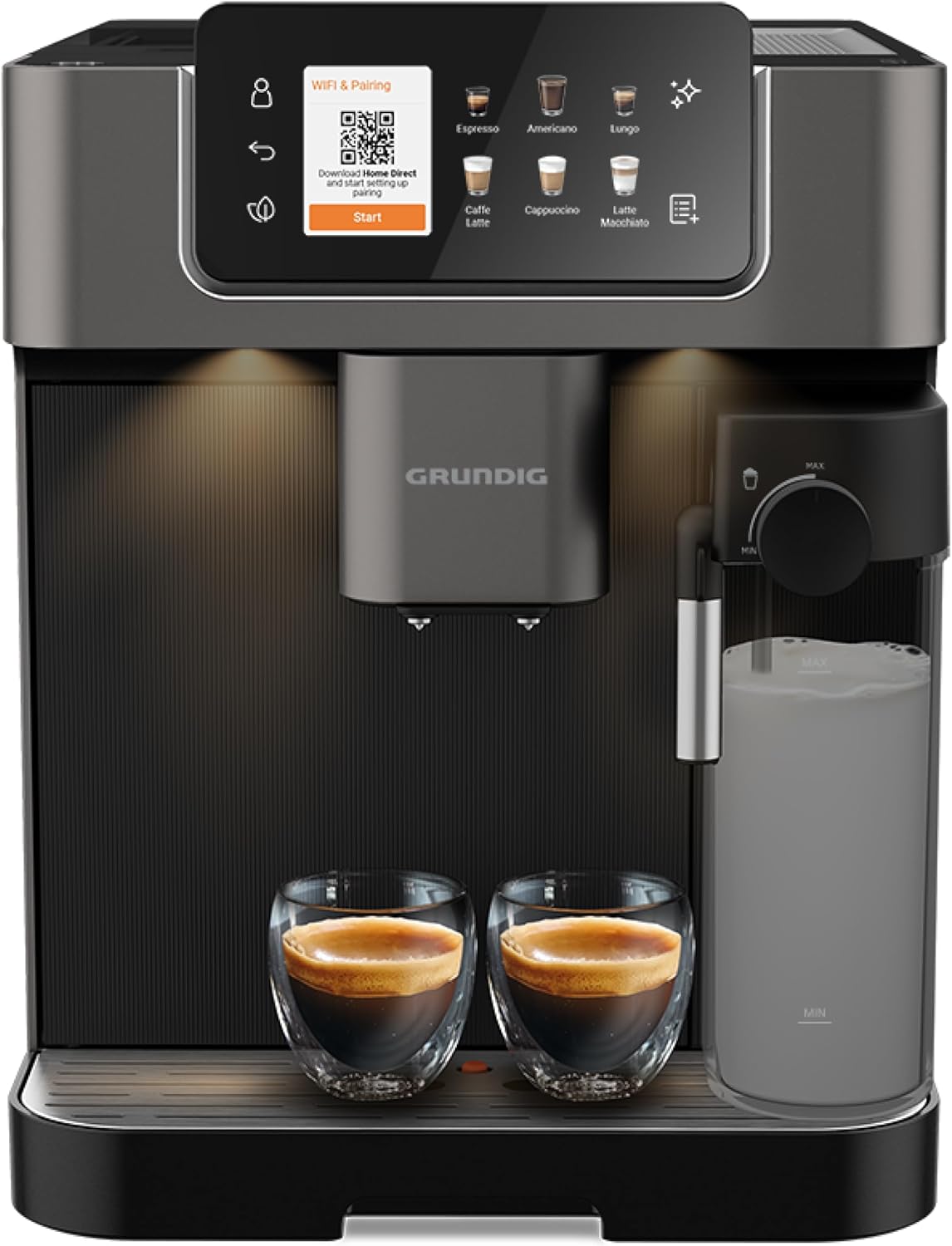 Grundig KVA 8230 Fully Automatic Coffee Machine, 18 Coffee Specialties, 13 Grinding Levels, Milk Container, Powerful 1350 W, 19 Bar Pump Pressure, Double Nozzle, Lighting, Black/Dark Silver